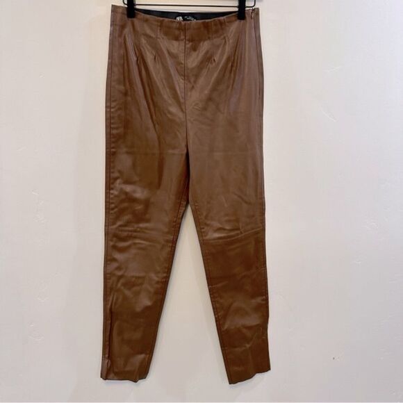 ZARA Brown High-Rise Faux Leather Pants Size L - Picture 6 of 10